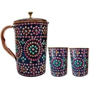 RASTOGI HANDICRAFTS-HAND PAINTED PURE COPPER 1 JUG WITH 2 GLASS-BLUE