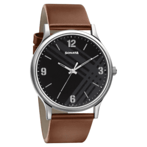 SONATA-SMART PLAID IN BLACK DIAL LEATHER STRAP WATCH FOR MEN