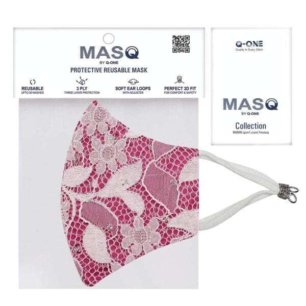 Q ONE-WOMEN'S BEADED-LACE PURE COTTON REUSABLE FACE MASK-PACK OF 2(FREE MASK BAG)