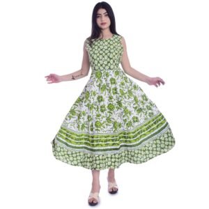 POORAK-WOMEN'S PREMIUM COTTON MAXI DRESS-GREEN FLOWER