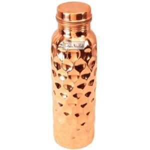 Prisha India Craft-Pure Copper Diamond Water Bottle-Golden (900 ml)