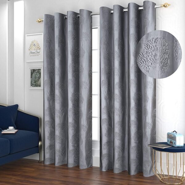 CURTAIN DECOR-POLYESTER TREE FLORAL PUNCH CURTAIN-GREY (PACK OF 2)