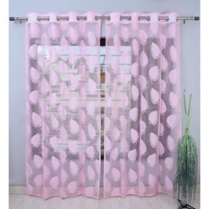 CURTAIN DECOR-POLYESTER SHEER LEAF PUNCH NET EYELET CURTAIN-PINK