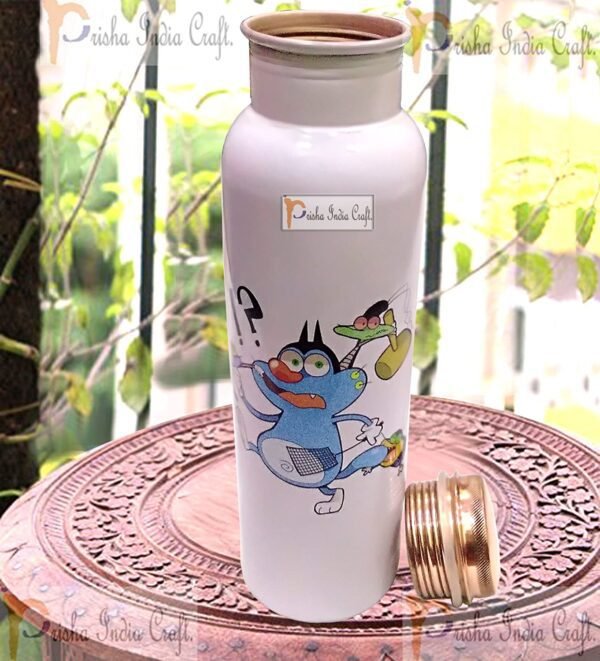 Prisha India Craft-Digital Printed Copper Water Bottle-White (1000 ml)