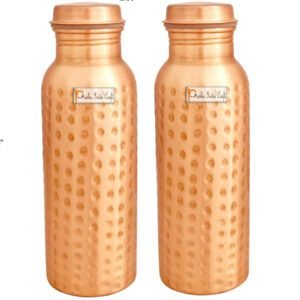 Prisha India Craft-Pure Copper Hammered Water Bottle-Pack Of 2 (700 ml)