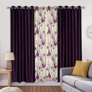 Reyansh Decor-Long Flower Print Polyester Curtain-Purple Flower (Pack Of 3)