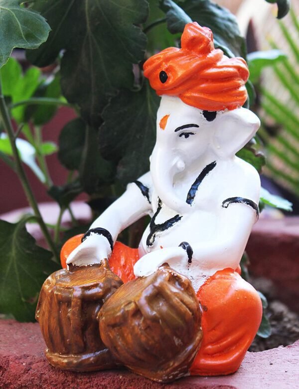 Beckon Venture-Handcrafted Drum Lord Ganesh Statue-White & Orange