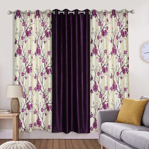 Reyansh Decor-Long Flower Print Polyester Curtain-Purple (Pack Of 3)