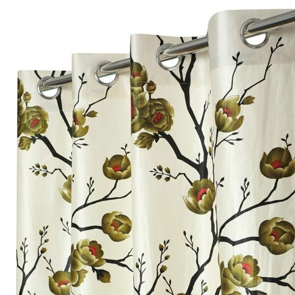 Reyansh Decor-Long Flower Print Polyester Curtain-Green (Pack Of 3)