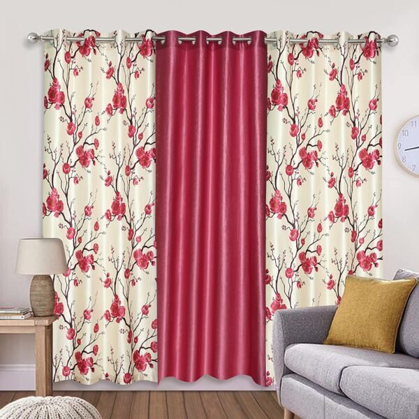 Reyansh Decor-Long Flower Print Polyester Curtain-Pink (Pack Of 3)