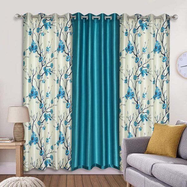 Reyansh Decor-Long Flower Print Polyester Curtain-Blue (Pack Of 3)