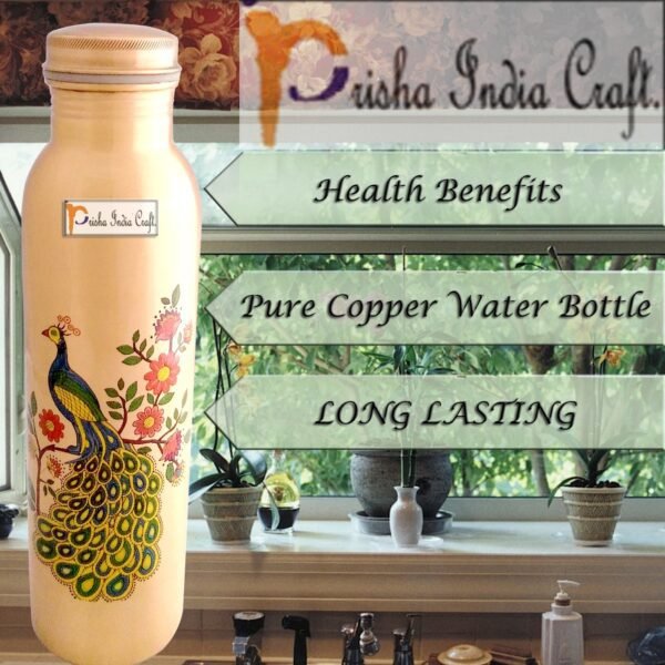 Prisha India Craft-Pure Copper Printed Water Bottle-Multicolor (1000 ml)