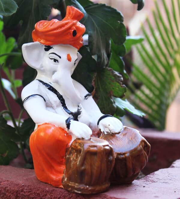 Beckon Venture-Handcrafted Drum Lord Ganesh Statue-White & Orange