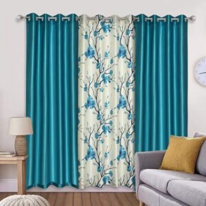 Reyansh Decor-Long Flower Print Polyester Curtain-Blue Flower (Pack Of 3)