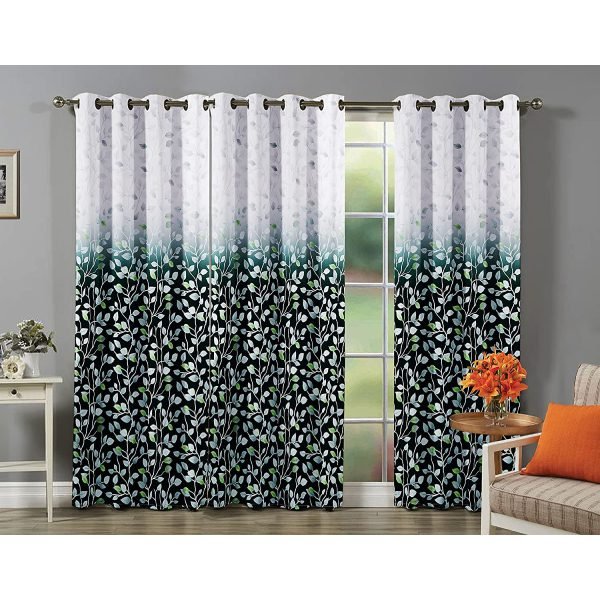 Reyansh Decor-Heavy Polyester Digital Panel Curtain-Green Leaf (Pack Of 3)