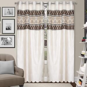 Reyansh Decor-Heavy Polyester Damask Punch Curtain-Coffee Cream (Pack Of 3)