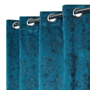 Reyansh Decor-Heavy Vevlet Print Eyelet Curtain-Aqua Flower (Pack Of 3)