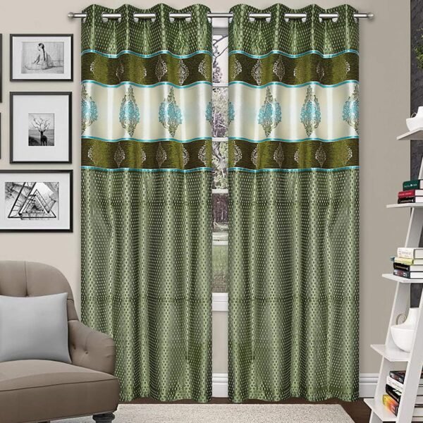 Reyansh Decor-Heavy Polyester Damask Punch Curtain-Green D (Pack Of 3)