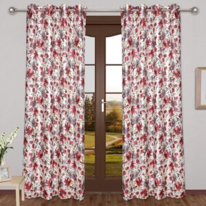 Reyansh Decor-Long Flower Print Polyester Curtain-Maroon SF Print (Pack Of 3)