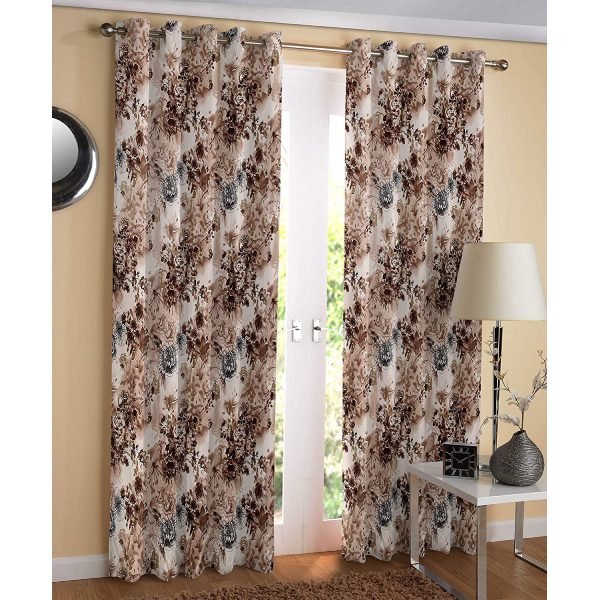 Reyansh Decor-Polyester Floral Grommet Curtain-Coffee (Pack Of 3)