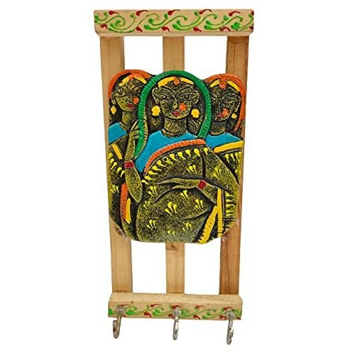 Mukherjee Handicraft-Handmade Wooden Jamini Roy Wall Hanging-Multicolor