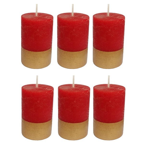PURE INDIAN CANDLE-Handmade Rose Scented Pillar Candle-Red & Golden ( Pack Of 6)