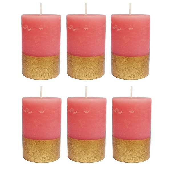 PURE INDIAN CANDLE-Handmade Roses Scented Pillar Candle-Pink & Golden ( Pack Of 6)