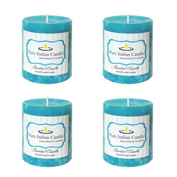 PURE INDIAN CANDLE-Forest Ocean Scented Handmade Pillar Candles-Blue ( Pack Of 4)