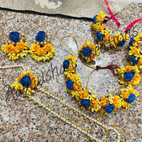 Aabhushan Creations-Women's Haldi Flower Jewelry-Blue & Yellow
